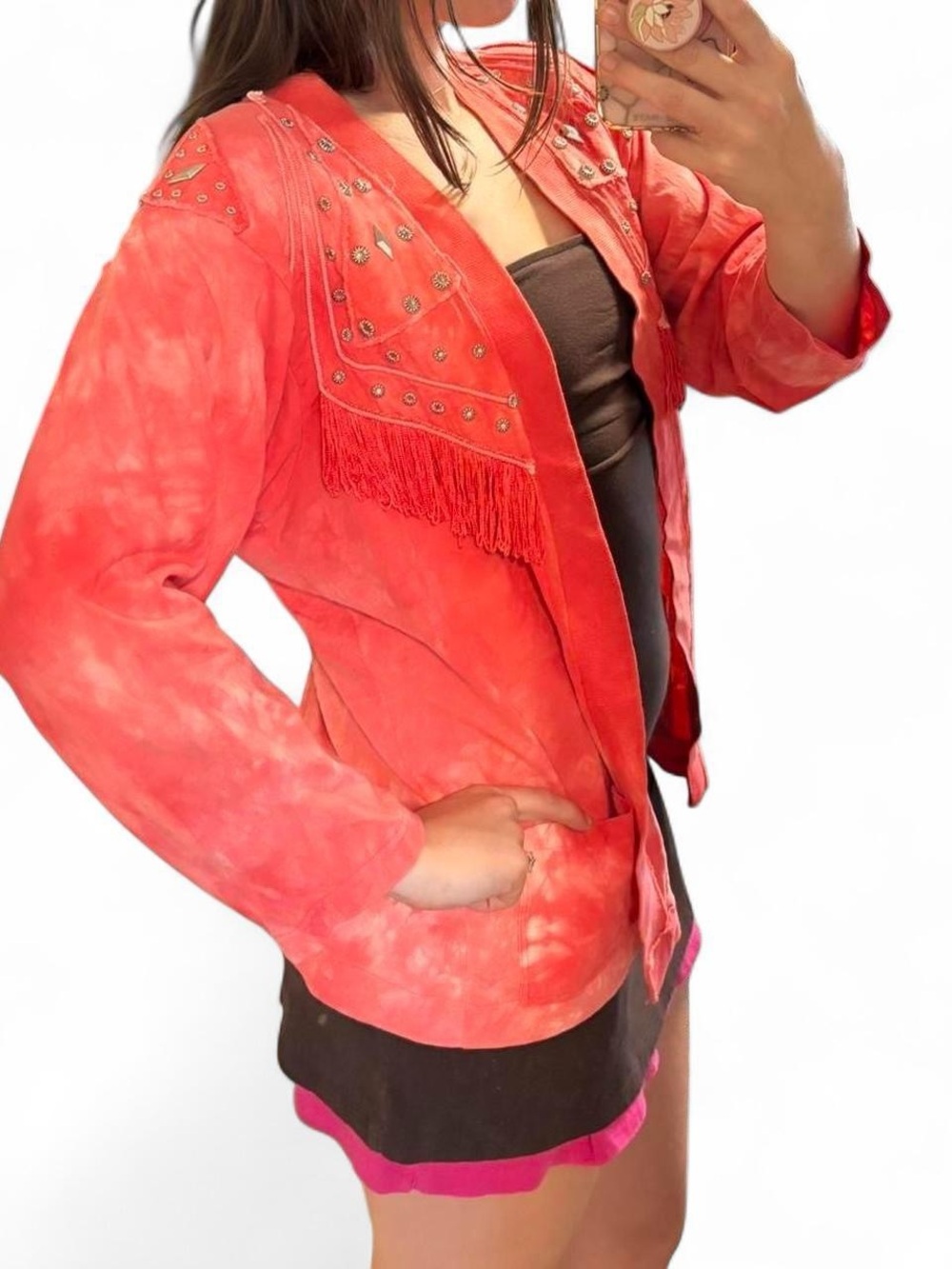 Masquerade Coral Fringe Suede Jacket